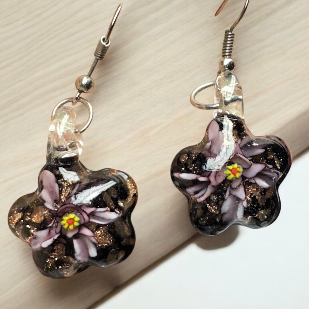 Blown Glass Floral Dangling Pierced Earrings Hook Spring